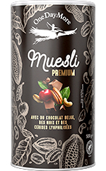 Muesli Premium avec du chocolat belge, des noix et des, cerises lyophilisées OneDayMore en tube