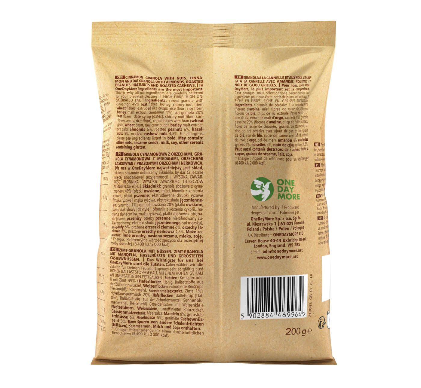 Granola à la cannelle aux 200g OneDayMore - composition et valeurs nutritionnell